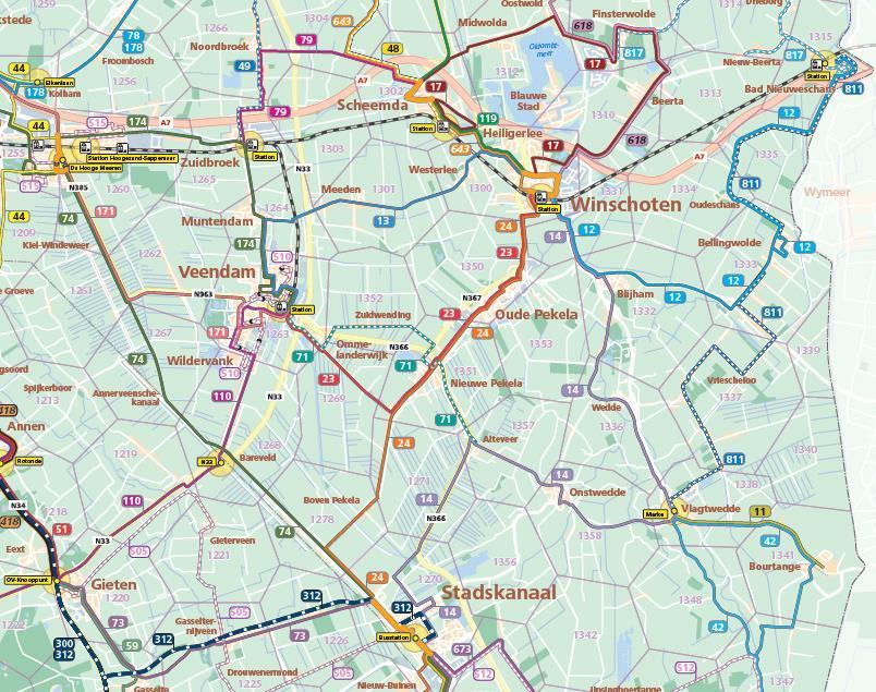 Oost Groningen Hoofdlijnen dienstregeling 2018 Scheemda - Zuidebroek Lijn 79 vervallen Delfzijl - Winschoten Lijn 119 's avonds en zondag naar kleinere bus Oost Groningen Veendam - Winschoten Lijn 13