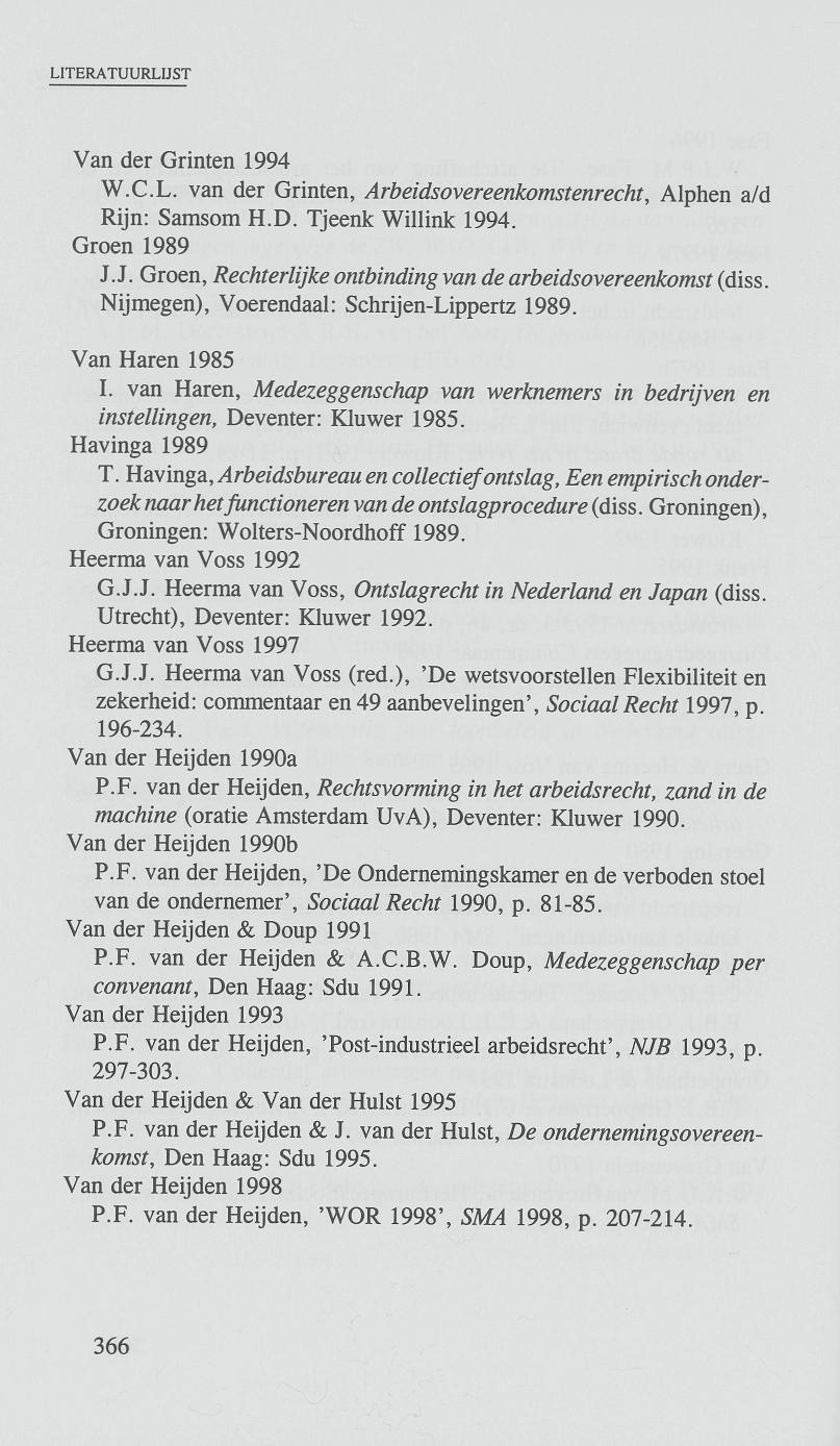 Van der Grinten 1994 W.C.L. van der Grinten, Arbeidsovereenkomstenrecht, Alphen a/d Rijn: Samsom H.D. Tjeenk Willink 1994. Groen 1989 J.
