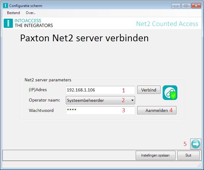 Net2 De applicatie opent met het scherm waarmee de instellingen voor de verbinding met de Net2 server kan worden ingegeven. Zie afbeelding 3.