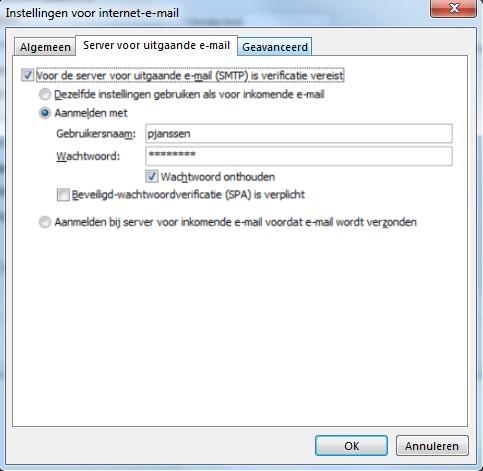 Instructies Microsoft Outlook 2013 Pagina 6 Stap 5: Klik op de Server voor uitgaande e-mail tab en selecteer de optie Voor de server voor uitgaande e-mail (SMTP) is verificatie vereist.