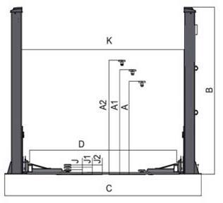 Telescopische uitschuifbare hefarmen met in hoogte Aandrijving middels 2 hydraulische cilinders in iedere kolom.