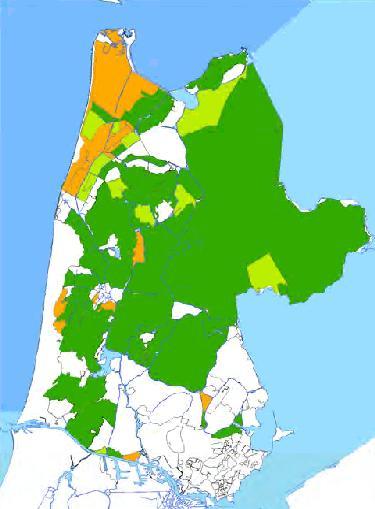 De oranje gebieden in de Noordkop (bollenteelt) hebben de grootste watervraag, de witte gebieden (overwegend veenweide en duinrand) geen. 6.2.