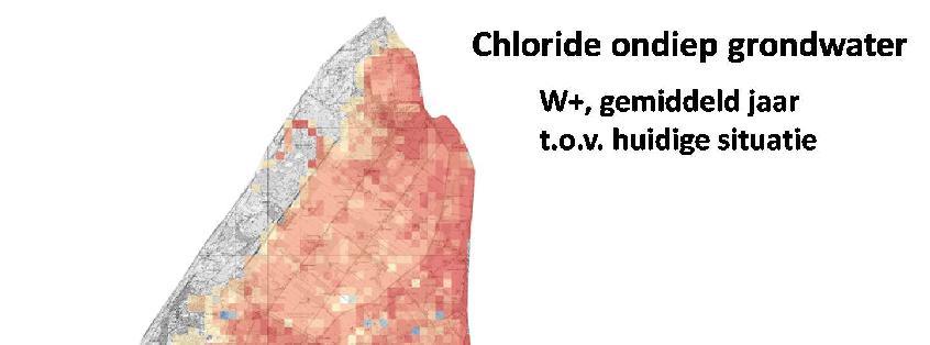 77 Figuur 29 verandering chlorideconcentratie freatisch water in een gemiddeld jaar In figuur 29 is ook te zien dat in de hogere delen (duinen en Hoge Berg) geen sprake is van toename van verzilting;