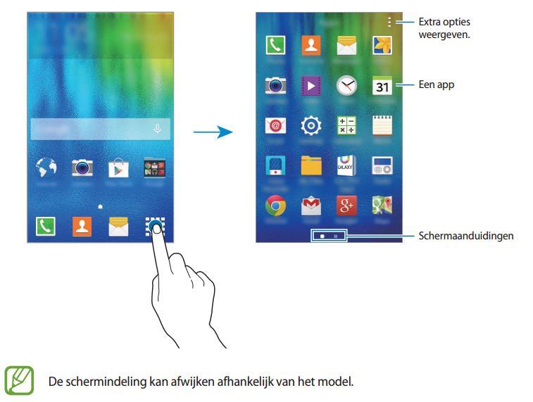 5. Android 5.1 Scherm Apps Op het scherm Apps worden pictogrammen weergegeven voor alle apps, waaronder apps die net zijn geïnstalleerd. om het scherm Apps te openen.