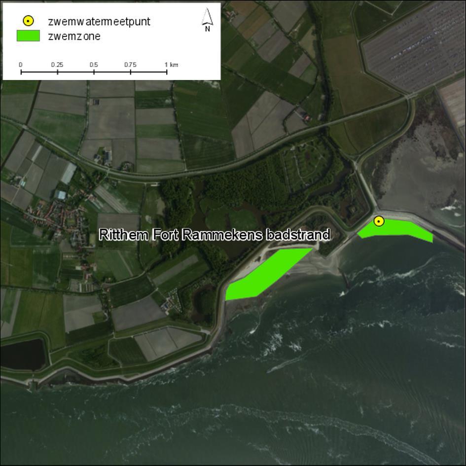 Figuur 2.2. Zwemzone en ligging meetpunt 2.3 Beheer Ritthem Fort Rammekens Badstrand behoort tot de gemeente Vlissingen en bevindt zich in de provincie Zeeland.