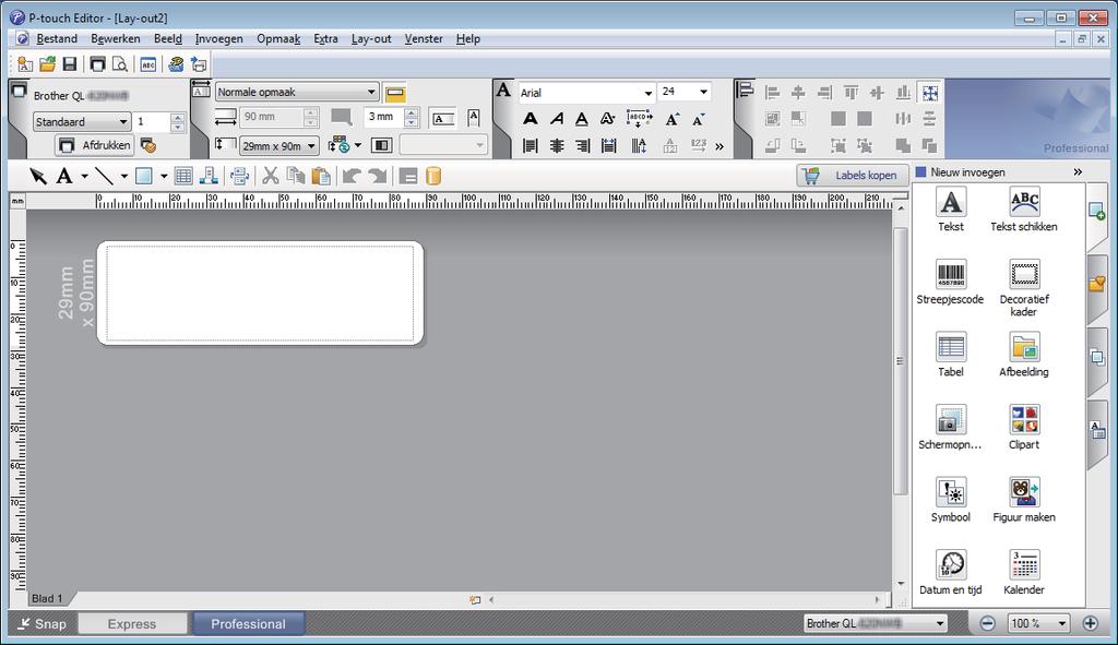 P-touch Editor gebruiken Afdrukken met P-touch Editor 6 Modus Express In deze modus kunt u snel lay-outs met tekst en afbeeldingen maken.