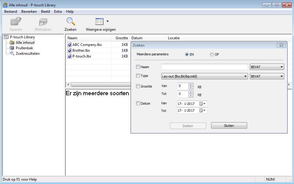 P-touch Library gebruiken (alleen Windows ) Sjablonen zoeken 7 U kunt sjablonen zoeken die zijn opgeslagen in P-touch Library. 1 Klik op [Zoeken]. Het dialoogvenster Zoeken wordt geopend.