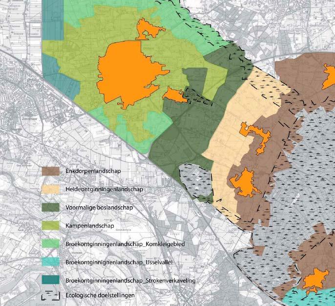 Landschap: typering & beleid eelgebieden in het eigentijdse landschapsensemble 1 e zoom op de overgang van zand naar de komklei 2 e dorpsmarken 3 e ecologische verbindingszone ron: LOP idam Wehl