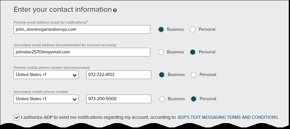 telefoonnummer invoeren dat u niet deelt met anderen. ADP toestemming geven om u sms-berichten over uw account te sturen.