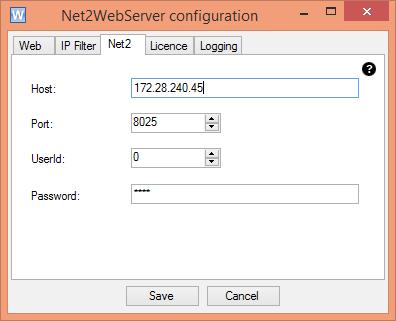 Configuratie-tab: 'Net2' Op het derde tabblad kan worden opgegeven hoe de Net2webServer verbinding moet maken met de Paxton Net2 Server.