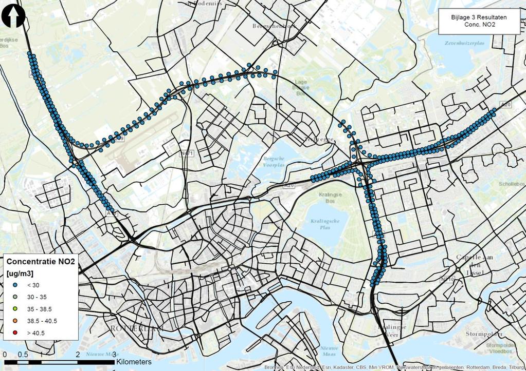 Figuur NO2 concentratie in 2030. Het tracé A13/A16/A20 is weergegeven inclusief de direct aansluitende wegen Project 1992 / Blankenburgverbinding (NWO) Het huidige project omvat en.