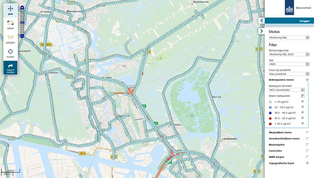 Figuur NO2 concentratie in 2020. Het tracé A7/A8 is globaal weergegeven (tussen rode lijnen) Project 2203 / A44 Rijnlandroute De en in dit project zijn met name verduidelijking.