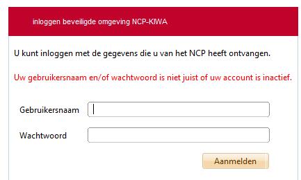 Wanneer u een verkeerde login en / of wachtwoord invoert verschijnt de volgende informatie.