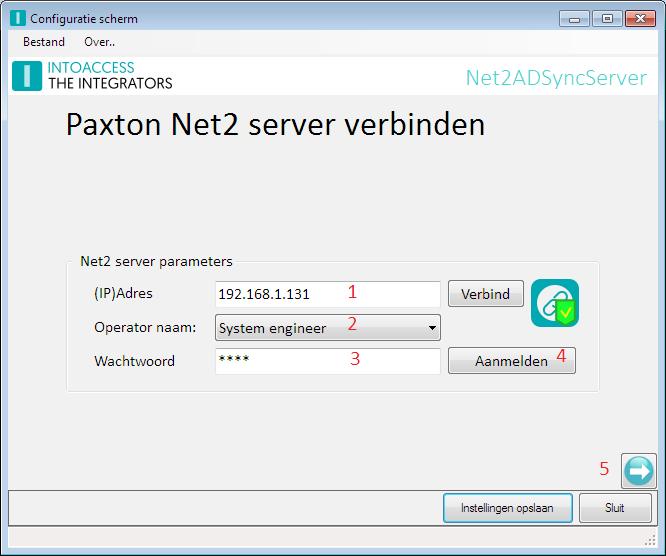Net2 De applicatie opent met het scherm waarmee als eerste de instellingen voor de verbinding met de Net2 server kan worden ingegeven. Zie afbeelding 4.