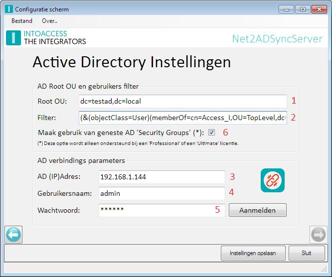 De Active Directory instellingen Op deze pagina moeten de parameters voor het opzetten van de verbinding met de AD server opgegeven worden.