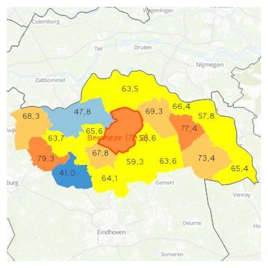 Figuur 5: Aandeel eengezinswoningen (corporatiewoningen) gespecificeerd naar gemeenten per woningmarktregio Arnhem/Nijmegen(links) en wijken per gemeente Nijmegen (rechts) Huurpunten