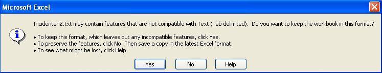 Vervolgens vraagt MS Excel of u zeker bent om het bestand in dit formaat op