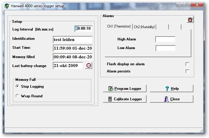 Op de logger te programmeren, klik op de button set up datalogger en het volgende scherm zal verschijnen: Om de logger te programmeren, zijn er een aantal punten die belangrijk zijn: Log Interval.