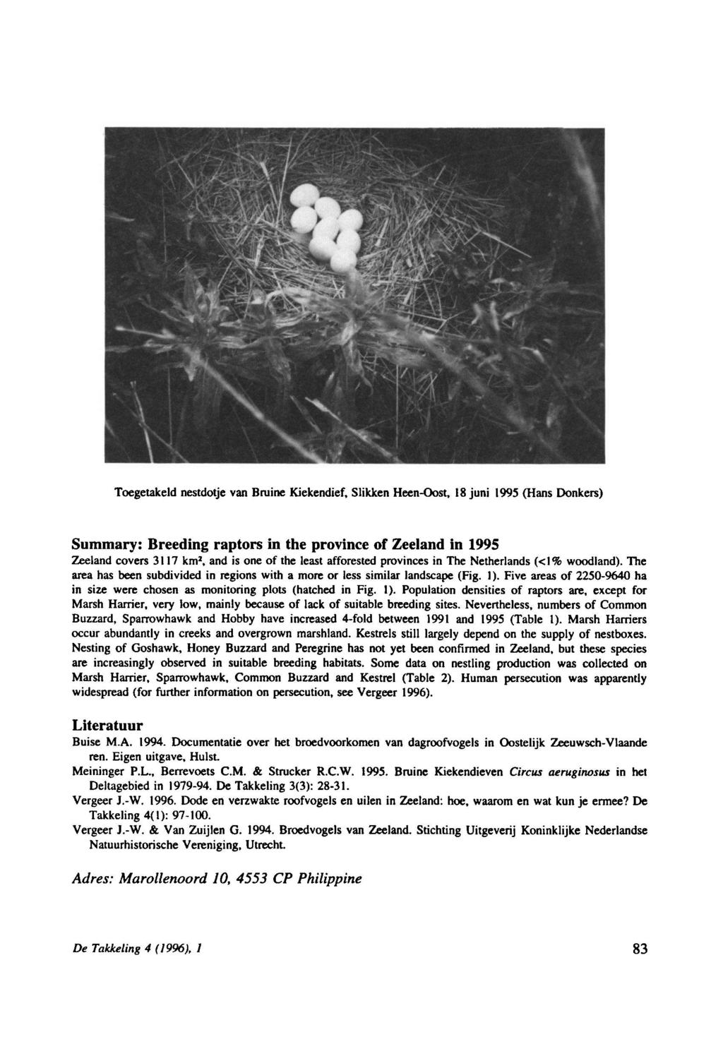 Toegetakeld nestdotje van Bruine Kiekendief, Slikken HeenOost, 18 juni 1995 (Hans Donkers) Summary: Breeding raptors in the province of Zeeland in 1995 Zeeland covers 3117 km 2, and is one of the