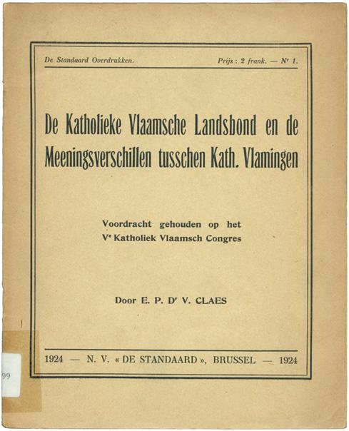 Brochure met de toespraak van Valeer Claes op het vijfde congres van de