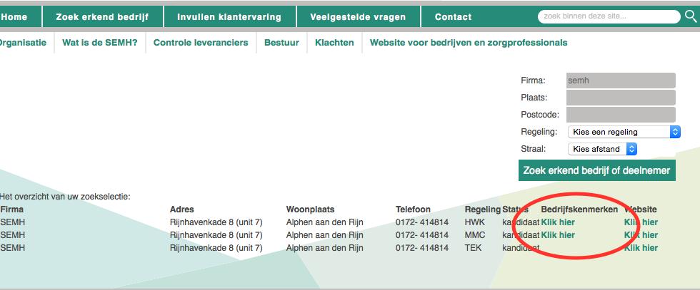 Op de website van de SEMH wordt op de volgende wijze zichtbaar dat over een bedrijf bedrijfskenmerken (en eventueel gebruikerservaringen) beschikbaar zijn: In de bijlage Toelichting bedrijfskenmerken