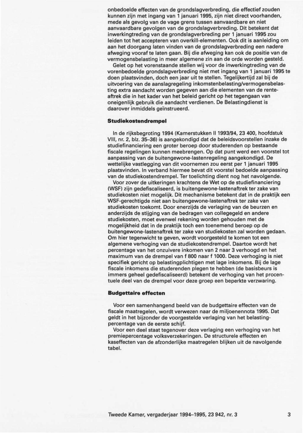 onbedoelde effecten van de grondslagverbreding, die effectief zouden kunnen zijn met ingang van 1 januari 1995, zijn niet direct voorhanden, mede als gevolg van de vage grens tussen aanvaardbare en