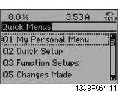 Programmeren Voorbeeld van het gebruik van de optie Snelle setup Stel dat u de uitlooptijd wilt instellen op 100 seconden. 1. Selecteer Snelle setup. De eerste parameter van de snelle setup, Par.