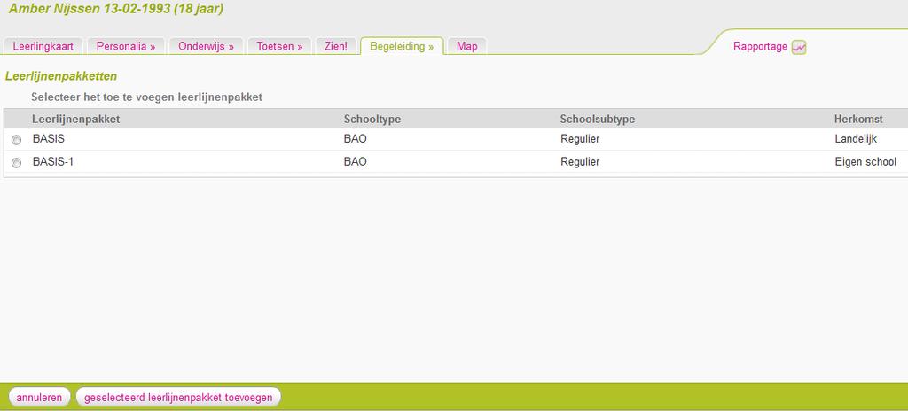 Vink het gewenste leerlijnenpakket aan en klik op