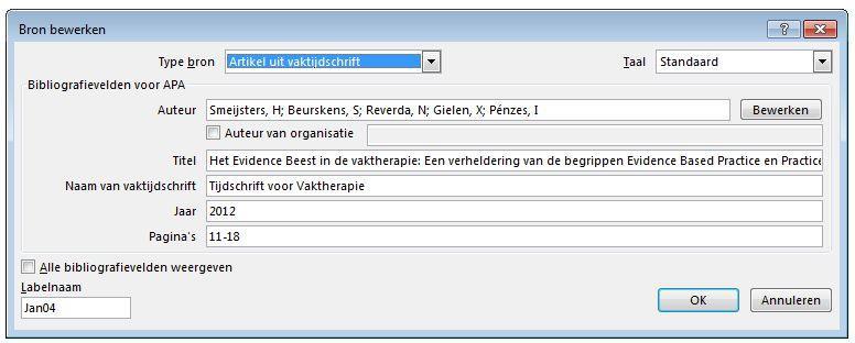 Voorbeeld 4: Tijdschriftartikel Via de optie Bewerken kunnen namen van de auteurs eventueel worden bewerkt en/of afzonderlijk worden in gevoerd, bijvoorbeeld om bij namen die uit meerdere woorden