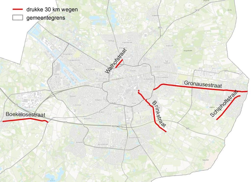 Hieronder een kaartje met daarop de ligging van de 30 km-wegen waar wij in ieder geval aandacht gaan besteden aan de geluidbelasting ten gevolge van wegverkeer.