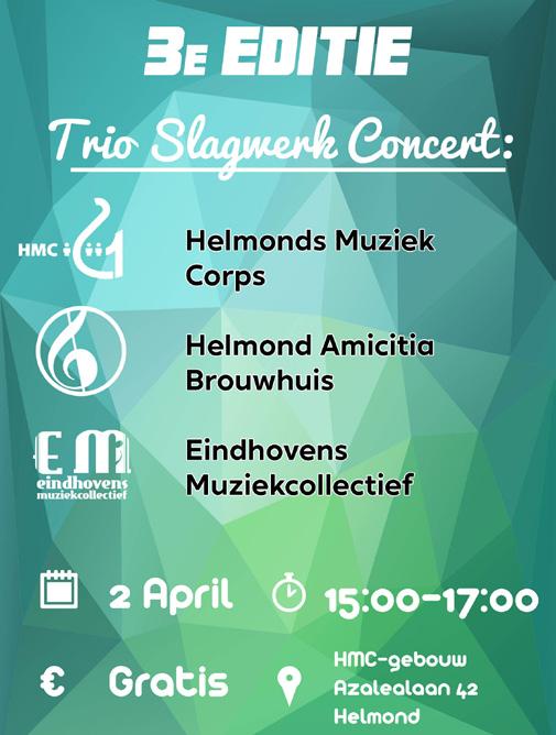 De deelnemende slagwerkgroepen komen vanuit het Eindhovens Muziek Collectief, Harmonie Amicitia uit Brouwhuis en het Helmonds Muziek Corps. Heeft u zin in een ritmische zondagmiddag?