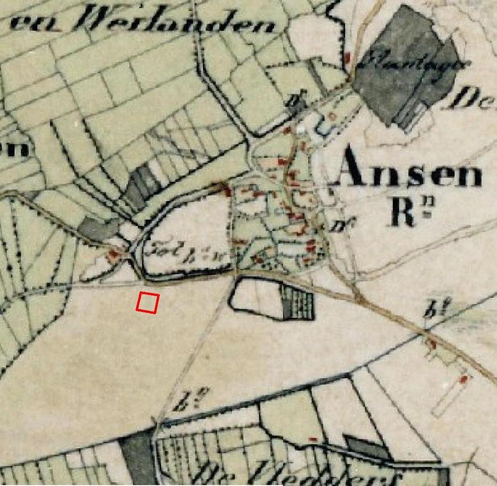 Figuur 5: Plangebied Om de Kamp te Ansen op uitsnede van de topografisch militaire kaart uit 1830-1850 (links) en op de uitsnede van de topografische kaart uit 1924 (rechts).