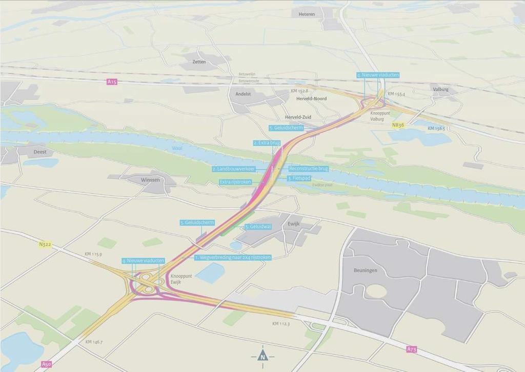 A50 Ewijk - Valburg ikalm toegepast Scope: 1 brug, 2 aanbruggen 18 viaducten in of over de weg 4-tal wegdelen