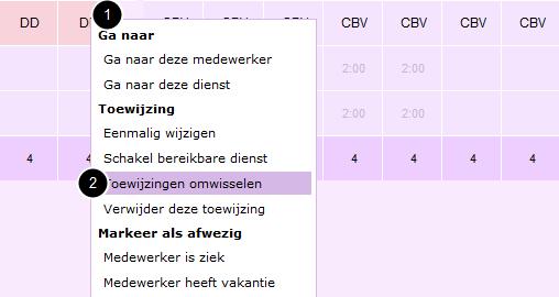 Dienst tussen medewerkers omwisselen Er kan eenvoudig een toewijzing tussen twee medewerkers worden omgewisseld.