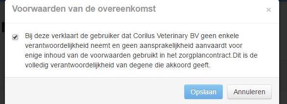 *De eerste keer dat u de zorgplan module op JA zet, ziet u een pop up venster waarin u dient aan te geven akkoord te gaan met het feit dat Corilus niet aansprakelijk gesteld kan worden voor het