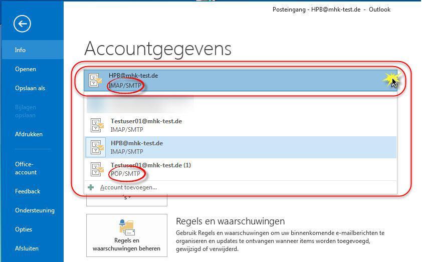 POP of IMAP Accountinstellingen tonen In het hoofdvenster van Outlook 2016 klikt u linksboven op "Bestand".