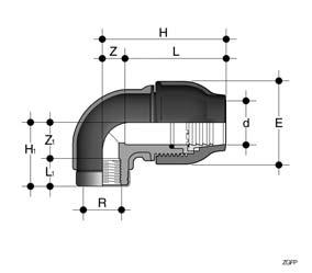 V aa Bocht binnendraad 90 - Coude fileté femelle 90 ZGFP * Met RVS versterkingsring * Avec bague de renfort en INOX dxr L L1 Z H E Z1 g 4790 16x1/2 45 16 10 51 40 28 34 4791 20x1/2 62 21 14 76 48 16
