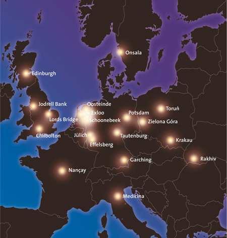 Figuur 4: Impressie van de gerealiseerde en geplande lokaties van de LOFAR stations in Europa (Spektrum der Wissenschaft/Emde-Grafik). terp van 340 m doorsnede.