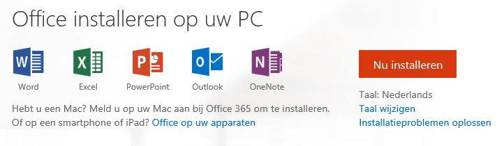 Uw apps zijn nu beschikbaar voor gebruik. Installatie op Windows: Klik op het Nu installeren icoon op de welkomstpagina van Office 365 online. Volg het installatieproces.