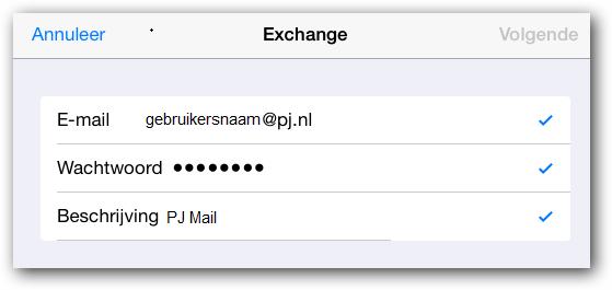 Klik op nieuw account en kies voor Exchange: Vul uw BWS-Office Online gebruikersnaam en wachtwoord in (in het voorbeeld staat @pj.nl, dat is in uw geval @bws-ameland.nl ).