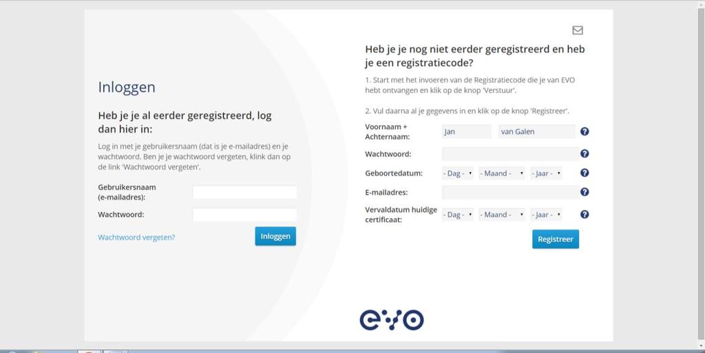 1. Inloggen met registratiecode en vouchercode Om in te loggen gaat u naar https://evo.ekphost.nl/ Van uw leidinggevende of BAL-collega heeft u een registratiecode en vouchercode gekregen.