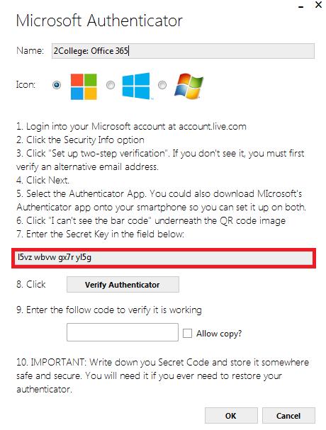 2.6 Plak de geheime sleutel in het WinAuth (Microsoft Authenicator)