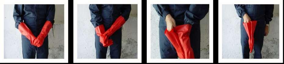 De juiste wijze om verontreinigde handschoenen te verwijderen Bij hergebruikbare handschoenen: zorgen voor een goede reiniging Trek één van de handschoenen gedeeltelijk uit (alleen het