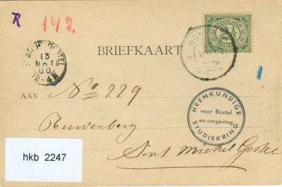 Transcriptie kaart hkb2232 Aan: Nr. 227, Ruwenberg Sint Michiel Gestel. Poststempel 22 februari 1900 Tekst: donderdag 12 uur. Je liefh.