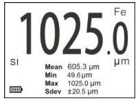 Op de volgende foto ziet u het display: 1025,0 µm gemeten waarde Gemiddelde waarde 605,3 µm de gemiddelde waarde van alle geregistreerde gegevens Min. 49,6 µm de laagst gemeten waarde Max.