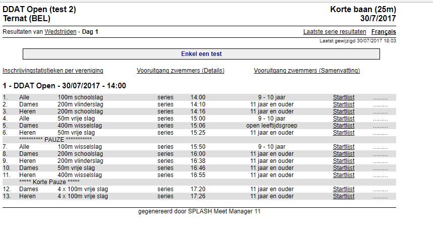 Opzetten van Live Resultaten Controleer of het zwemfeest, samen met de gewenste statistieken, zichtbaar zijn in