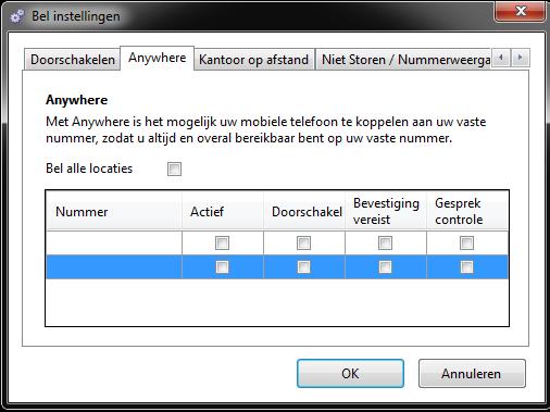 Pagina 15 van 18 Via de optie Anywhere in het belinstellingen menu is het mogelijk telefoonnummers toe
