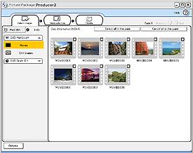 Stap 1: Beelden selecteren Als u Picture Package Producer 2 opstart, wordt het hoofdmenu weergegeven. Selecteer met dit venster beelden die u wilt opnemen in uw korte video of diavoorstelling.