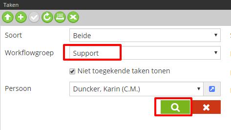 De velden Startdatum, Einddatum, Nummer en Naam zijn hier een uitzondering op. De volgende afbeelding laat bij workflowgroep de selectie support zien. Daarna klikt u op zoeken, het vergrootglas icoon.