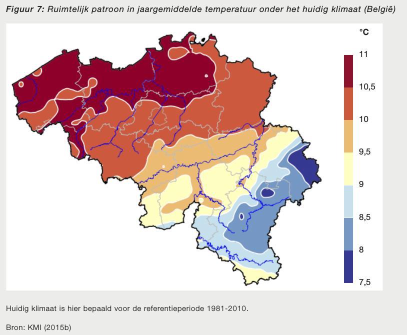 Gemiddelde temperatuur in België (1981-2010) De
